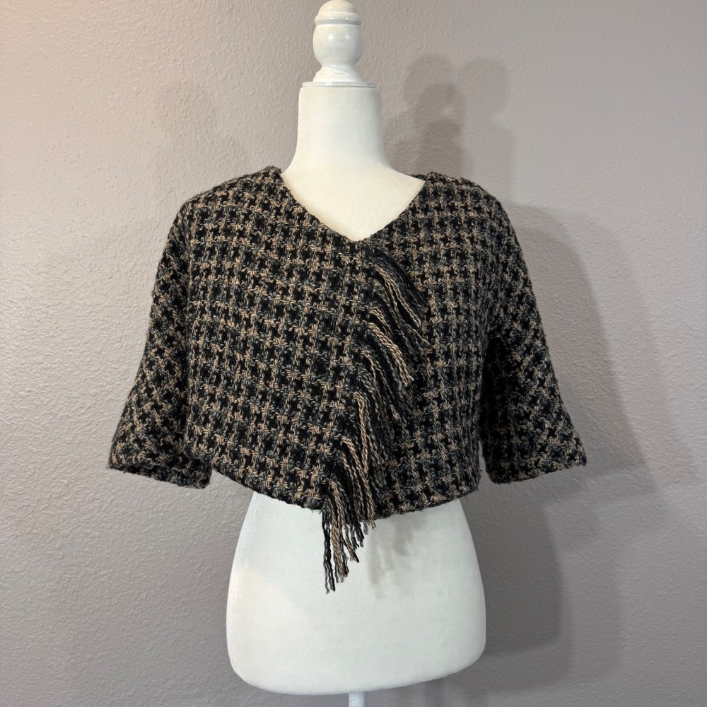 Chelsea & Violet XS Black Wool Blend Cropped Fringe Houndstooth Tweed Jacket